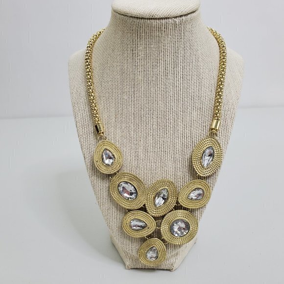 Statement Necklace Rhinestone Tear Drop Gold Tone - Picture 1 of 7